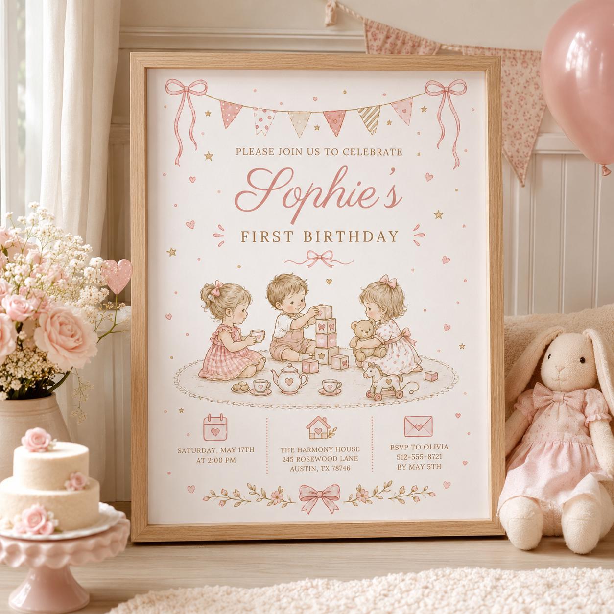 Editable Floral Birthday Invitation Canva Template, Pink Girls Floral Cute Fun DIY Sweet Chic Kids Party Invite, Printable Digital Download.