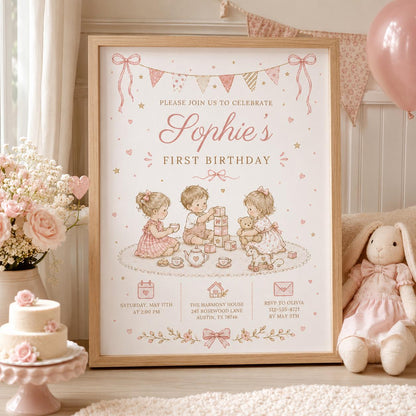 Editable Floral Birthday Invitation Canva Template, Pink Girls Floral Cute Fun DIY Sweet Chic Kids Party Invite, Printable Digital Download.