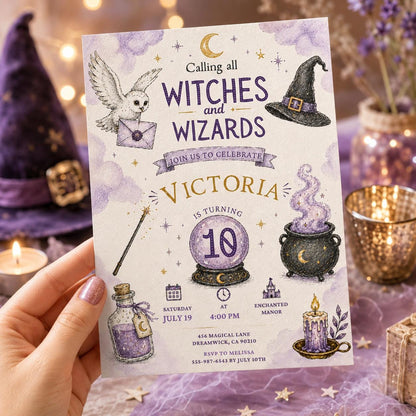 Editable Wizards Witches Birthday Invitation Canva Template, Cute Modern Fun Themed DIY Sweet Chic Party Invite, Printable Digital Download.