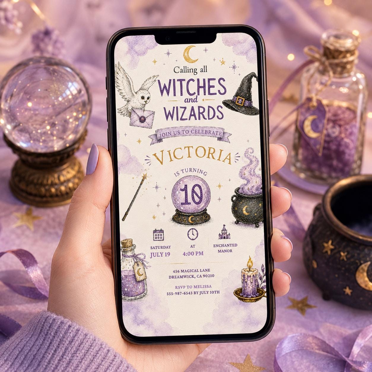 Editable Wizards Witches Birthday Invitation Canva Template, Cute Modern Fun Themed DIY Sweet Chic Party Invite, Printable Digital Download.