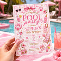 Editable Pool Birthday Invitation Canva Template, Pink Girls Teens Pool Cute Modern Fun Themed DIY Party Invite, Printable Digital Download.
