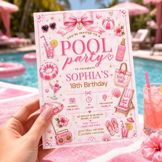 Editable Pool Birthday Invitation Canva Template, Pink Girls Teens Pool Cute Modern Fun Themed DIY Party Invite, Printable Digital Download.