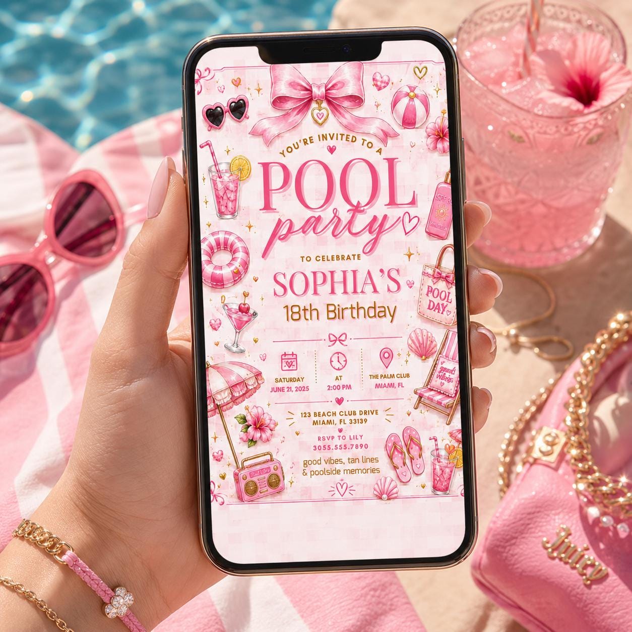 Editable Pool Birthday Invitation Canva Template, Pink Girls Teens Pool Cute Modern Fun Themed DIY Party Invite, Printable Digital Download.
