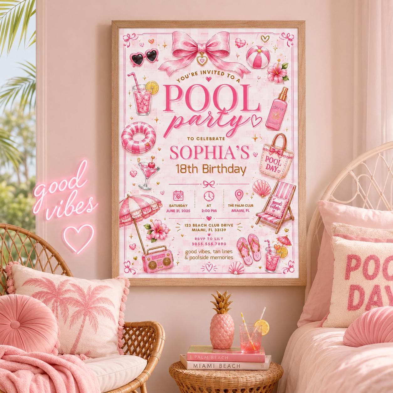 Editable Pool Birthday Invitation Canva Template, Pink Girls Teens Pool Cute Modern Fun Themed DIY Party Invite, Printable Digital Download.