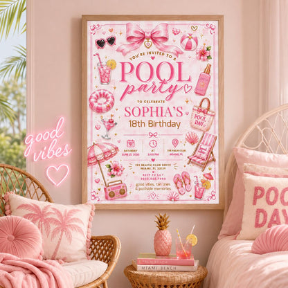Editable Pool Birthday Invitation Canva Template, Pink Girls Teens Pool Cute Modern Fun Themed DIY Party Invite, Printable Digital Download.