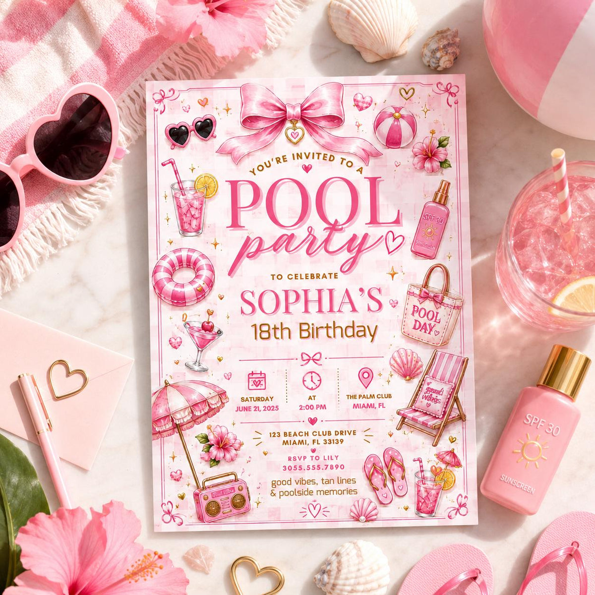 Editable Pool Birthday Invitation Canva Template, Pink Girls Teens Pool Cute Modern Fun Themed DIY Party Invite, Printable Digital Download.