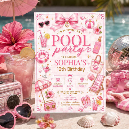 Editable Pool Birthday Invitation Canva Template, Pink Girls Teens Pool Cute Modern Fun Themed DIY Party Invite, Printable Digital Download.