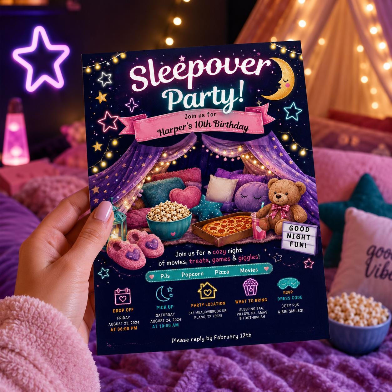 Editable Sleepover Birthday Invitation Canva Template, Girls Kids Teens Cute Modern Fun Themed DIY Party Invite, Printable Digital Download.