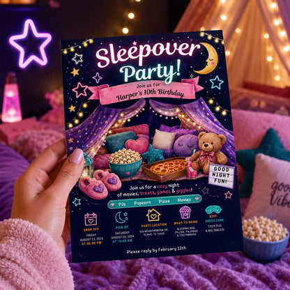 Editable Sleepover Birthday Invitation Canva Template, Girls Kids Teens Cute Modern Fun Themed DIY Party Invite, Printable Digital Download.