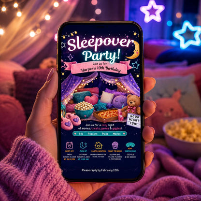 Editable Sleepover Birthday Invitation Canva Template, Girls Kids Teens Cute Modern Fun Themed DIY Party Invite, Printable Digital Download.