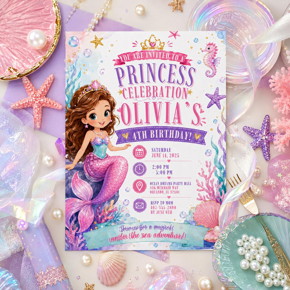 Editable Mermaid Birthday Invitation Canva Template, Pink Blue Purple Neon Girls Kids Cute Fun DIY Party Invite, Printable Digital Download.