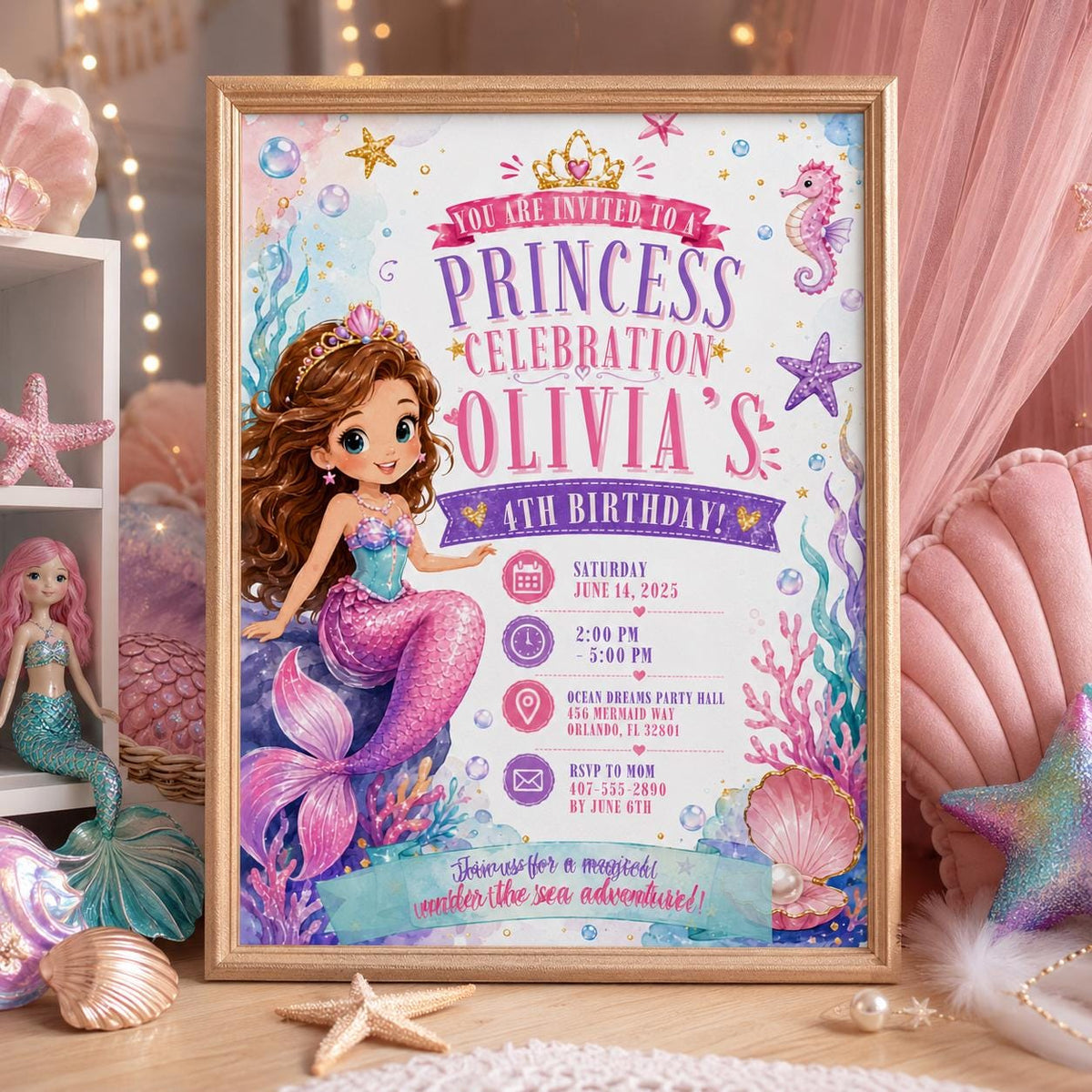 Editable Mermaid Birthday Invitation Canva Template, Pink Blue Purple Neon Girls Kids Cute Fun DIY Party Invite, Printable Digital Download.