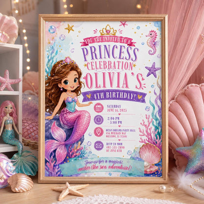Editable Mermaid Birthday Invitation Canva Template, Pink Blue Purple Neon Girls Kids Cute Fun DIY Party Invite, Printable Digital Download.