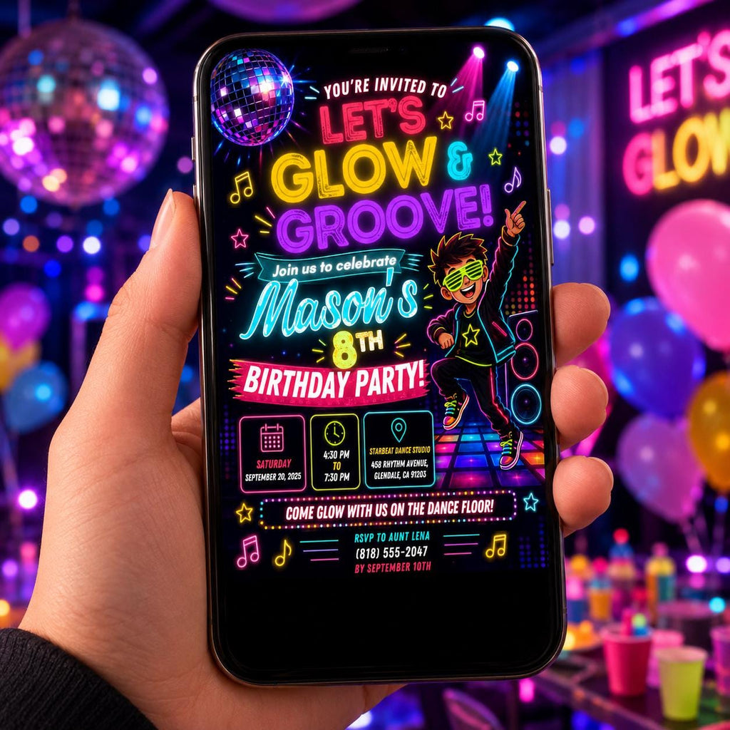 Editable Neon Glow Birthday Invitation Canva Template, Neon Cute Modern Fun Themed Custom DIY Chic Party Invite, Printable Digital Download.