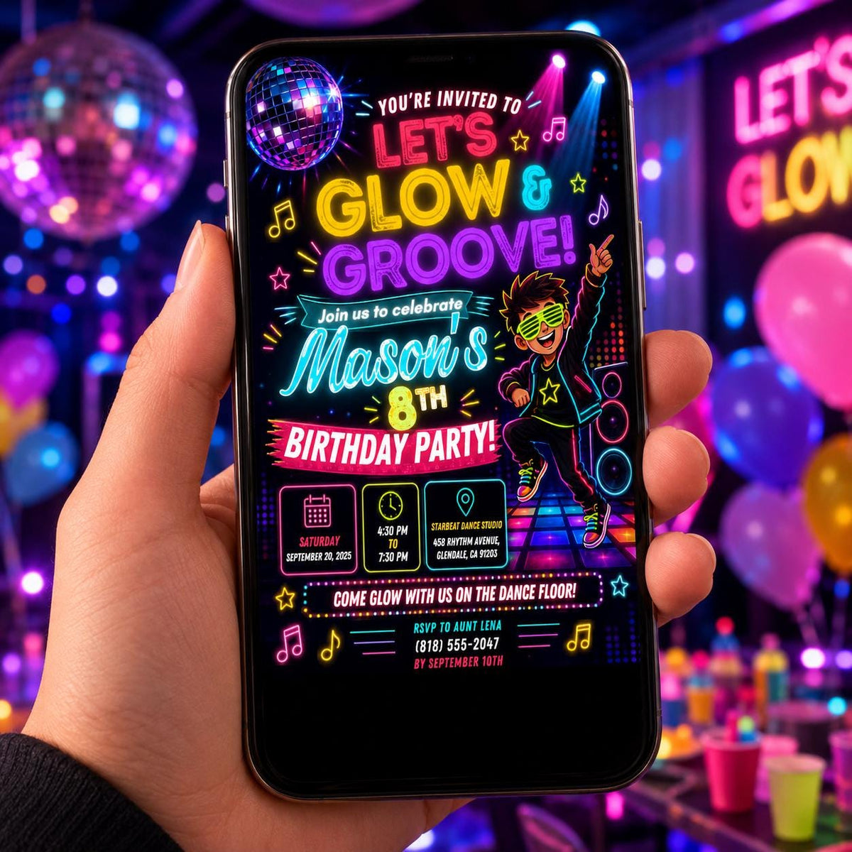 Editable Neon Glow Birthday Invitation Canva Template, Neon Cute Modern Fun Themed Custom DIY Chic Party Invite, Printable Digital Download.