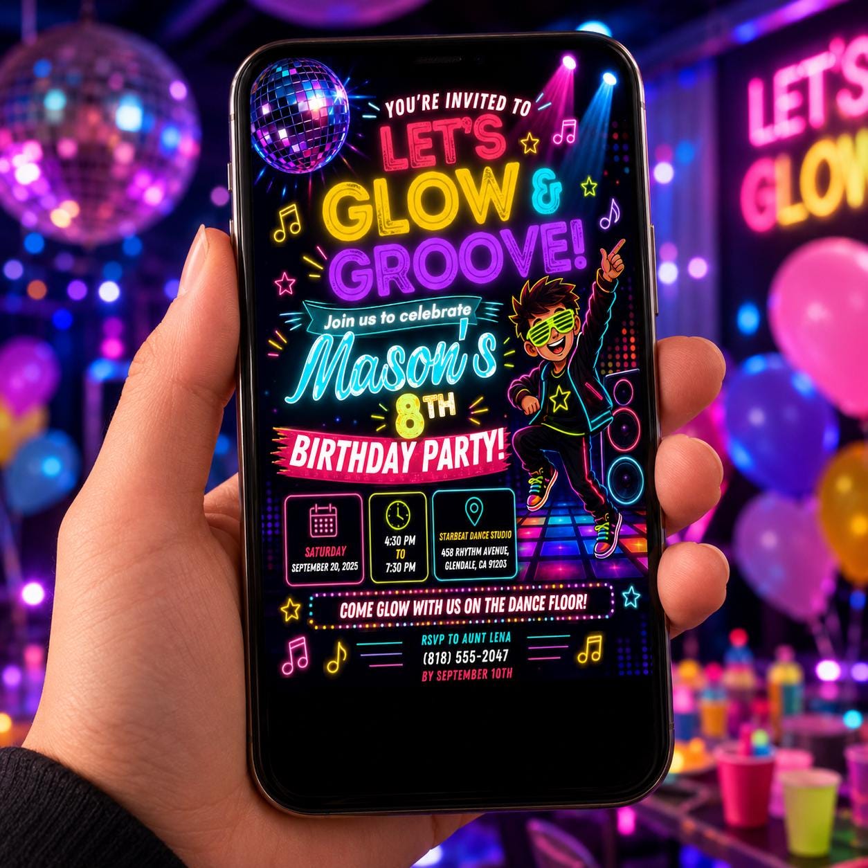 Editable Neon Glow Birthday Invitation Canva Template, Neon Cute Modern Fun Themed Custom DIY Chic Party Invite, Printable Digital Download.