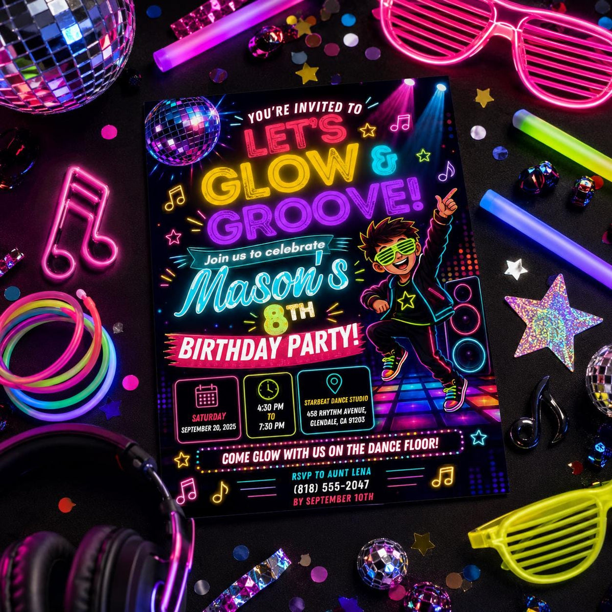 Editable Neon Glow Birthday Invitation Canva Template, Neon Cute Modern Fun Themed Custom DIY Chic Party Invite, Printable Digital Download.