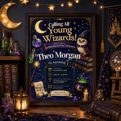 Editable Wizards Witches Birthday Invitation Canva Template, Cute Modern Fun Themed DIY Sweet Chic Party Invite, Printable Digital Download.