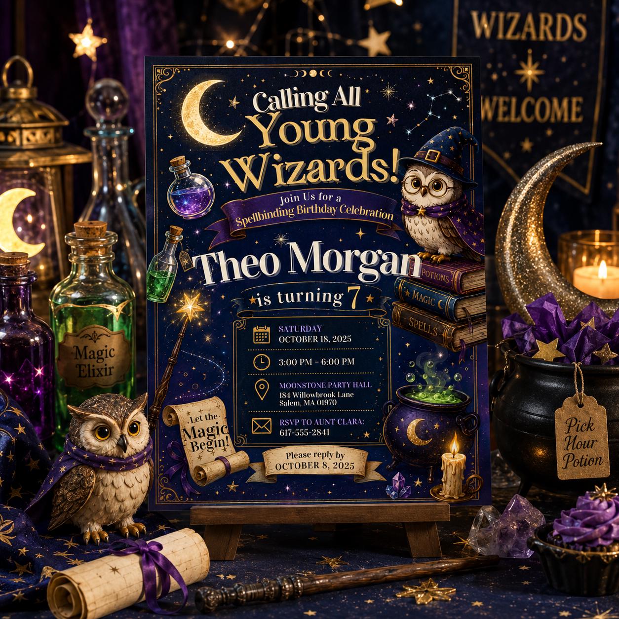 Editable Wizards Witches Birthday Invitation Canva Template, Cute Modern Fun Themed DIY Sweet Chic Party Invite, Printable Digital Download.