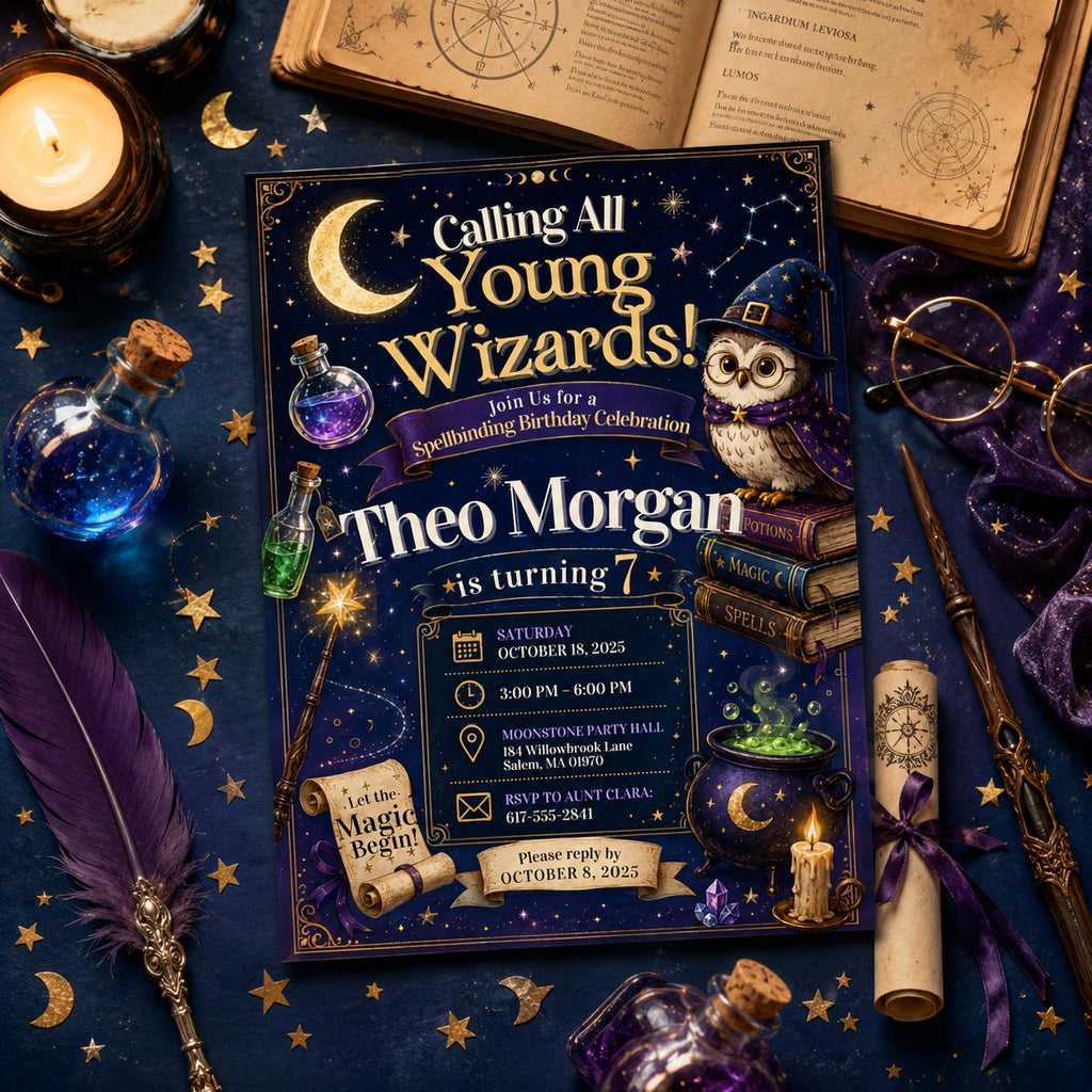 Editable Wizards Witches Birthday Invitation Canva Template, Cute Modern Fun Themed DIY Sweet Chic Party Invite, Printable Digital Download.