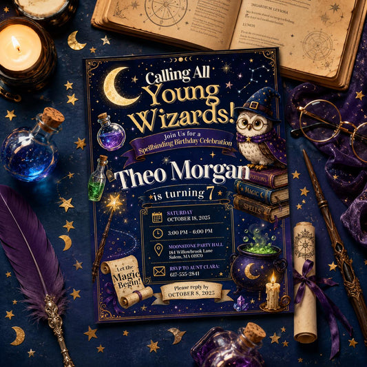 Editable Wizards Witches Birthday Invitation Canva Template, Cute Modern Fun Themed DIY Sweet Chic Party Invite, Printable Digital Download.