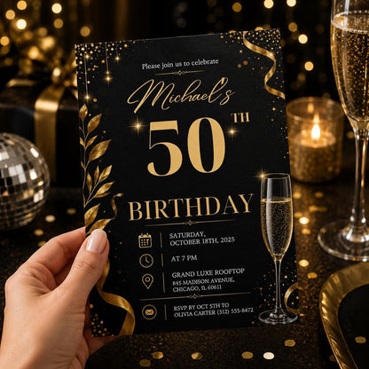Editable Neon Glow Birthday Invitation Canva Template, Gold Black Boys Neon Cute Fun DIY Chic Kids Party Invite, Printable Digital Download.