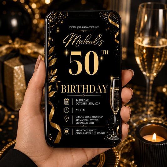 Editable Neon Glow Birthday Invitation Canva Template, Gold Black Boys Neon Cute Fun DIY Chic Kids Party Invite, Printable Digital Download.