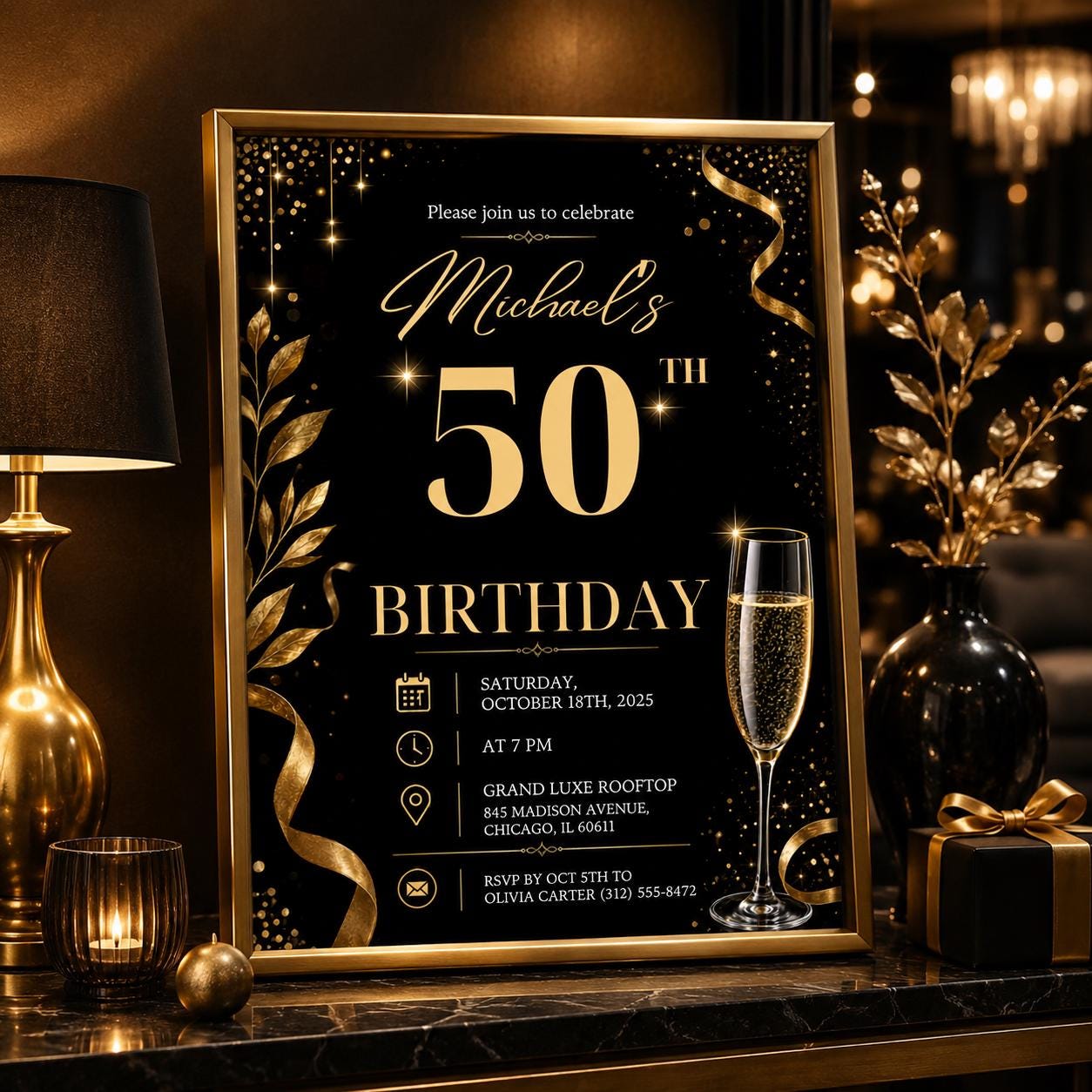 Editable Neon Glow Birthday Invitation Canva Template, Gold Black Boys Neon Cute Fun DIY Chic Kids Party Invite, Printable Digital Download.