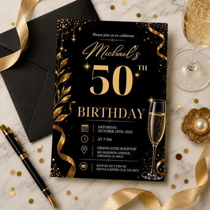Editable Neon Glow Birthday Invitation Canva Template, Gold Black Boys Neon Cute Fun DIY Chic Kids Party Invite, Printable Digital Download.