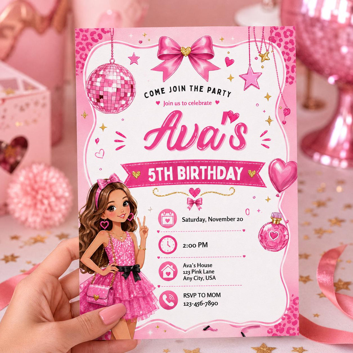Editable Fashion Doll Birthday Invitation Canva Template, Pink Girls Cute Modern Fun DIY Chic Kids Party Invite, Printable Digital Download.