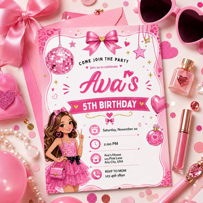 Editable Fashion Doll Birthday Invitation Canva Template, Pink Girls Cute Modern Fun DIY Chic Kids Party Invite, Printable Digital Download.