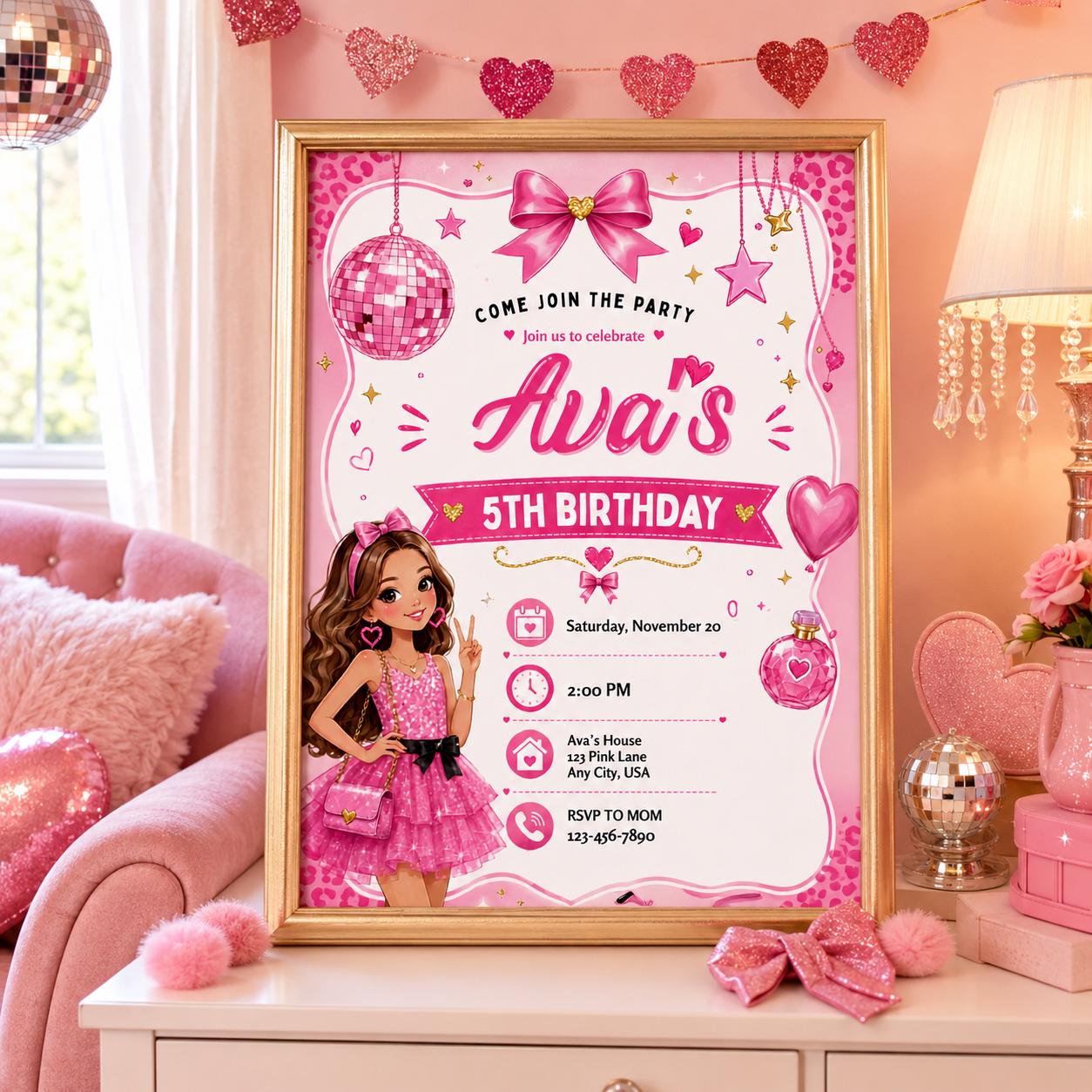 Editable Fashion Doll Birthday Invitation Canva Template, Pink Girls Cute Modern Fun DIY Chic Kids Party Invite, Printable Digital Download.
