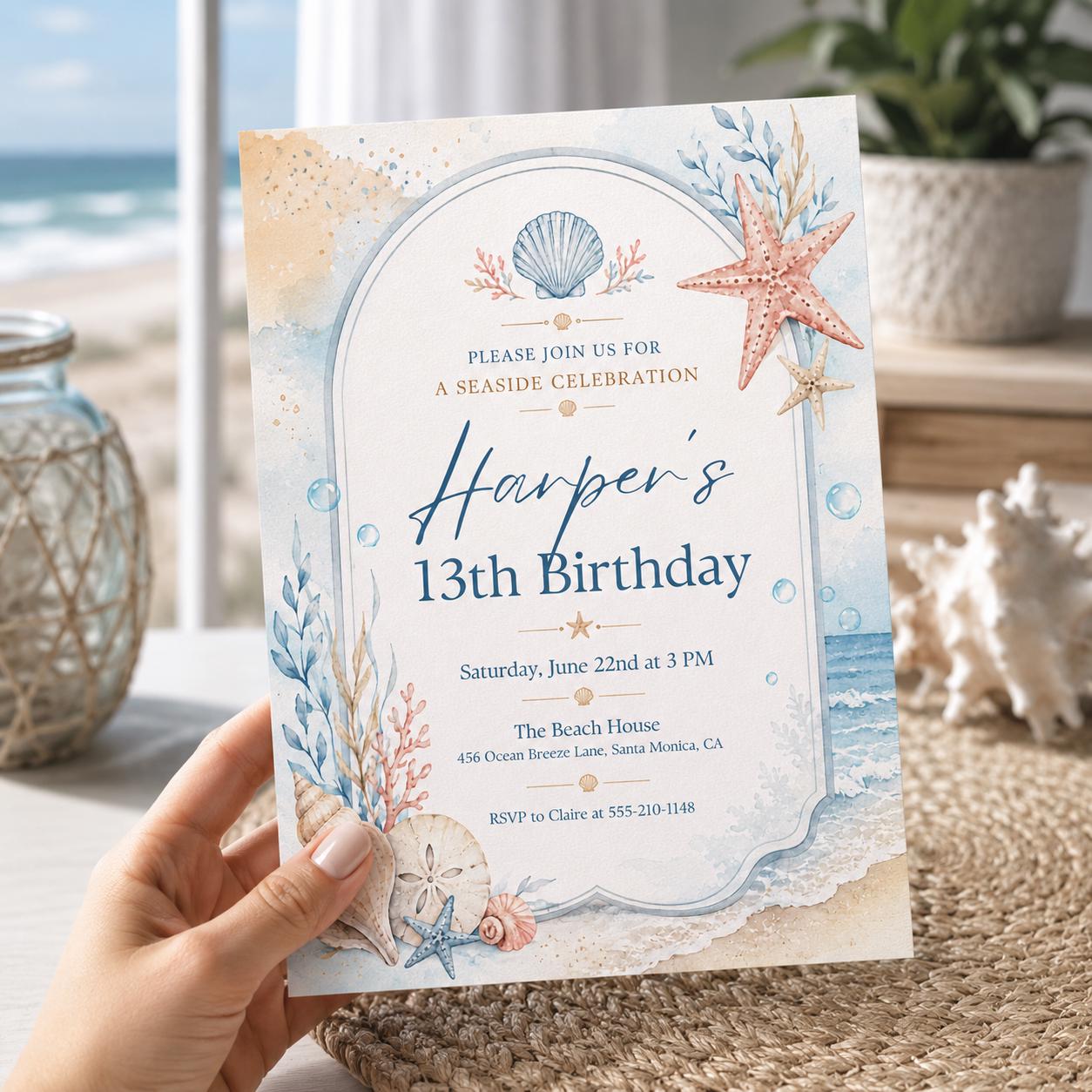 Editable Coastal Birthday Invitation Canva Template, Blue Girls Teens Beach Cute Fun DIY Chic Kids Party Invite, Printable Digital Download.