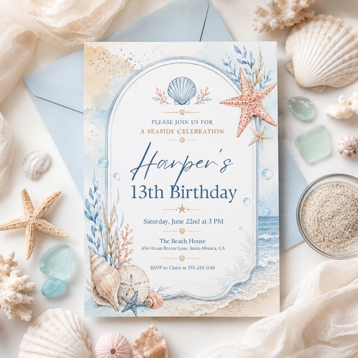 Editable Coastal Birthday Invitation Canva Template, Blue Girls Teens Beach Cute Fun DIY Chic Kids Party Invite, Printable Digital Download.