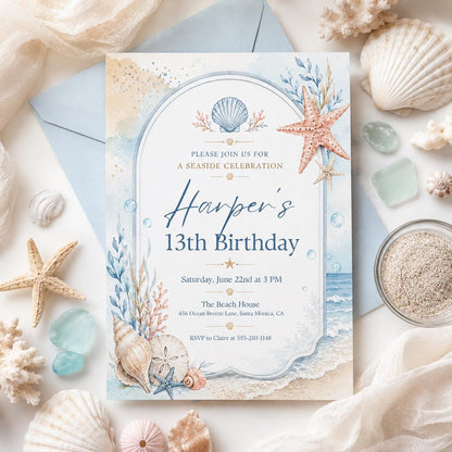 Editable Coastal Birthday Invitation Canva Template, Blue Girls Teens Beach Cute Fun DIY Chic Kids Party Invite, Printable Digital Download.