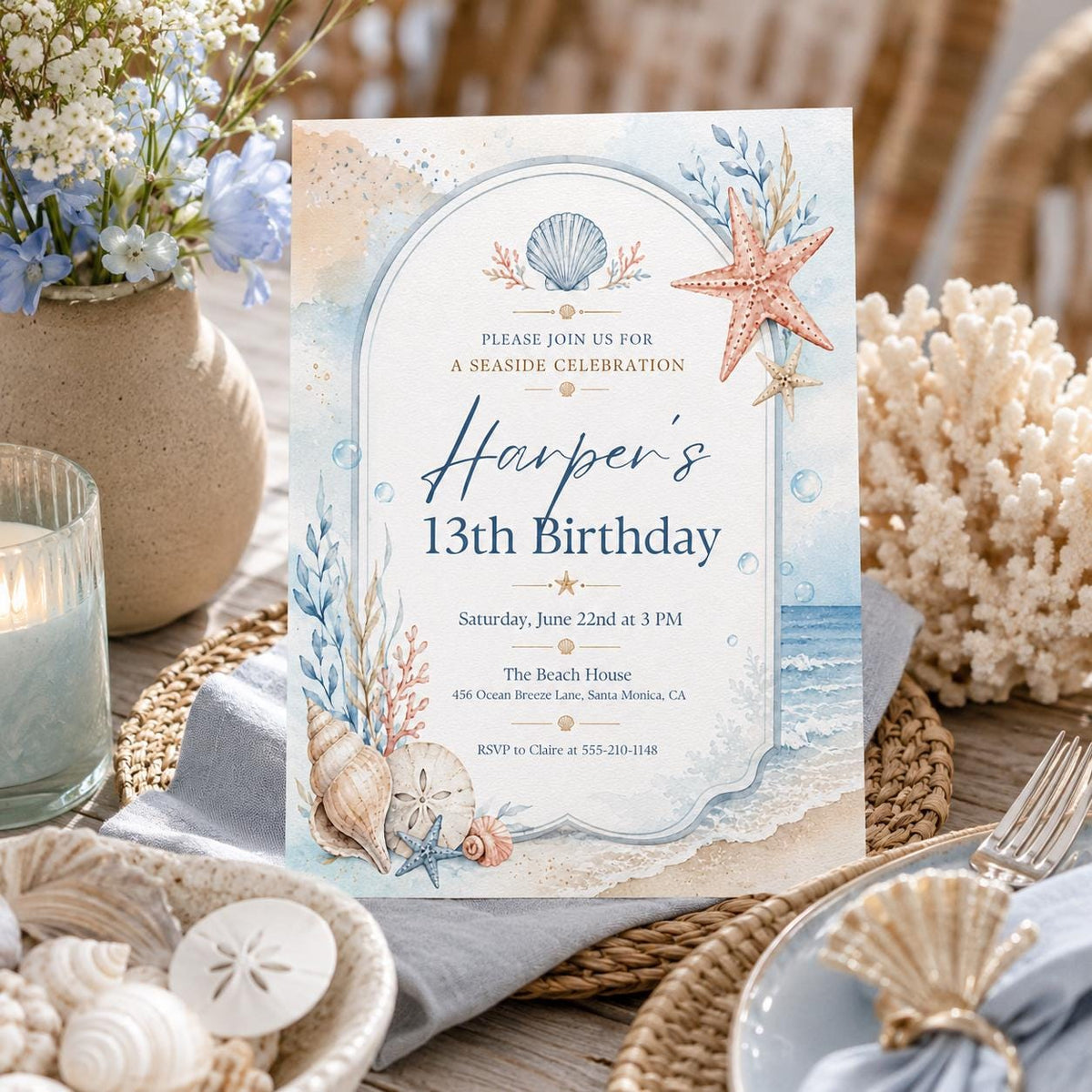 Editable Coastal Birthday Invitation Canva Template, Blue Girls Teens Beach Cute Fun DIY Chic Kids Party Invite, Printable Digital Download.