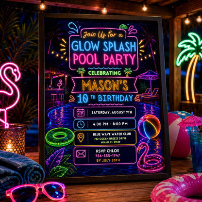 Editable Pool Birthday Invitation Canva Template, Neon Girls Pool Cute Modern Fun Themed DIY Sweet Party Invite, Printable Digital Download.
