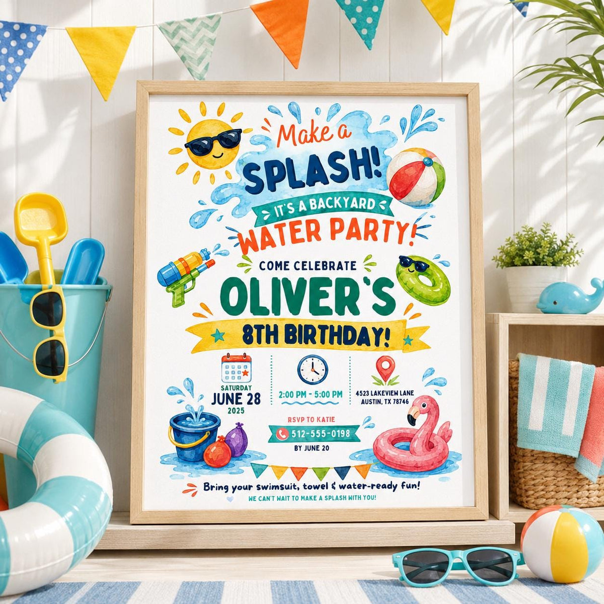 Editable Pool Birthday Invitation Canva Template, Boys Summer Cute Modern Fun Themed DIY Chic Kids Party Invite, Printable Digital Download.