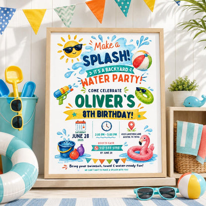 Editable Pool Birthday Invitation Canva Template, Boys Summer Cute Modern Fun Themed DIY Chic Kids Party Invite, Printable Digital Download.
