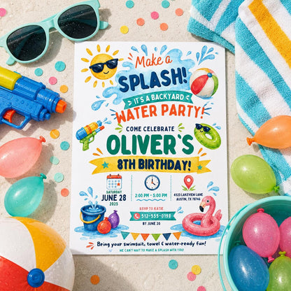 Editable Pool Birthday Invitation Canva Template, Boys Summer Cute Modern Fun Themed DIY Chic Kids Party Invite, Printable Digital Download.