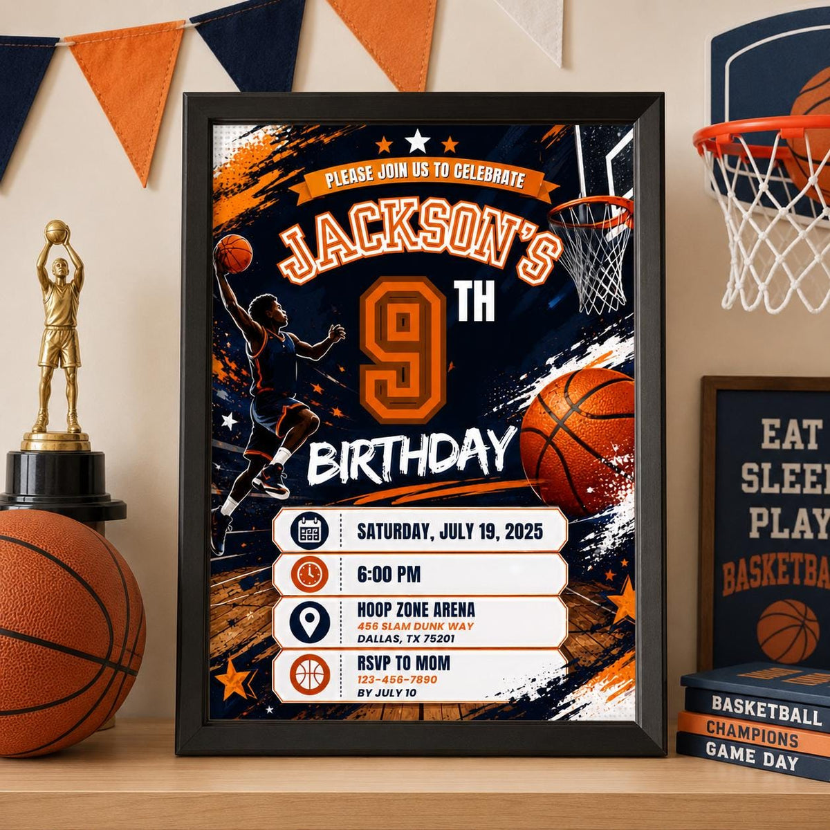 Editable Basketball Birthday Invitation Canva Template, Gold Black Luxury Sport Cute Fun DIY Sweet Party Invite, Printable Digital Download.