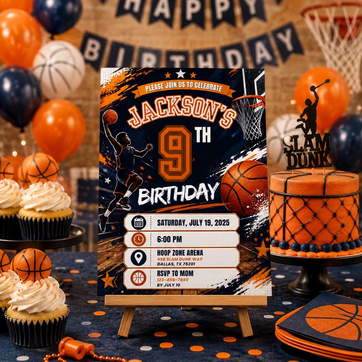 Editable Basketball Birthday Invitation Canva Template, Gold Black Luxury Sport Cute Fun DIY Sweet Party Invite, Printable Digital Download.