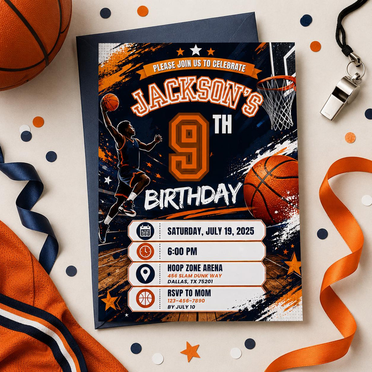 Editable Basketball Birthday Invitation Canva Template, Gold Black Luxury Sport Cute Fun DIY Sweet Party Invite, Printable Digital Download.