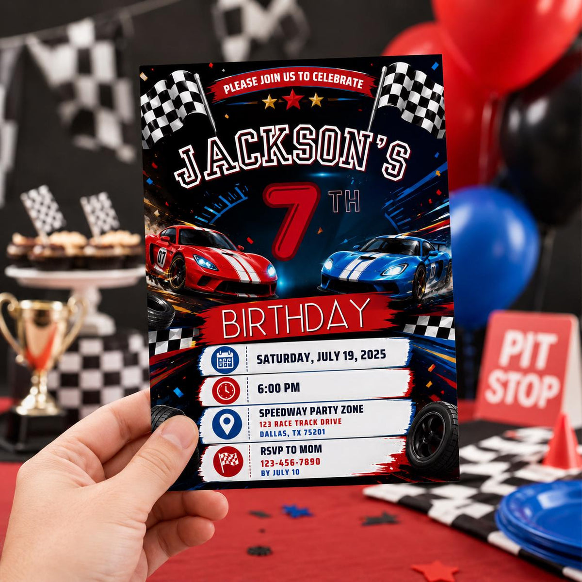 Editable Race Car Birthday Invitation Canva Template, Boys Kids Cute Fun DIY Sweet Chic Teen Tween Party Invite, Printable Digital Download.