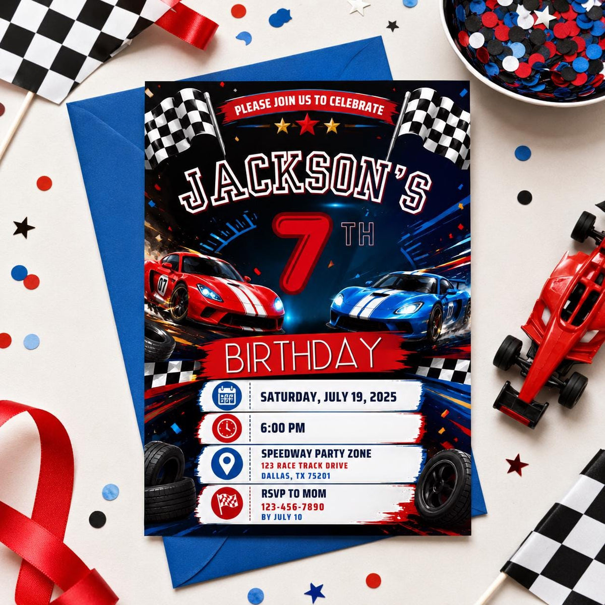 Editable Race Car Birthday Invitation Canva Template, Boys Kids Cute Fun DIY Sweet Chic Teen Tween Party Invite, Printable Digital Download.
