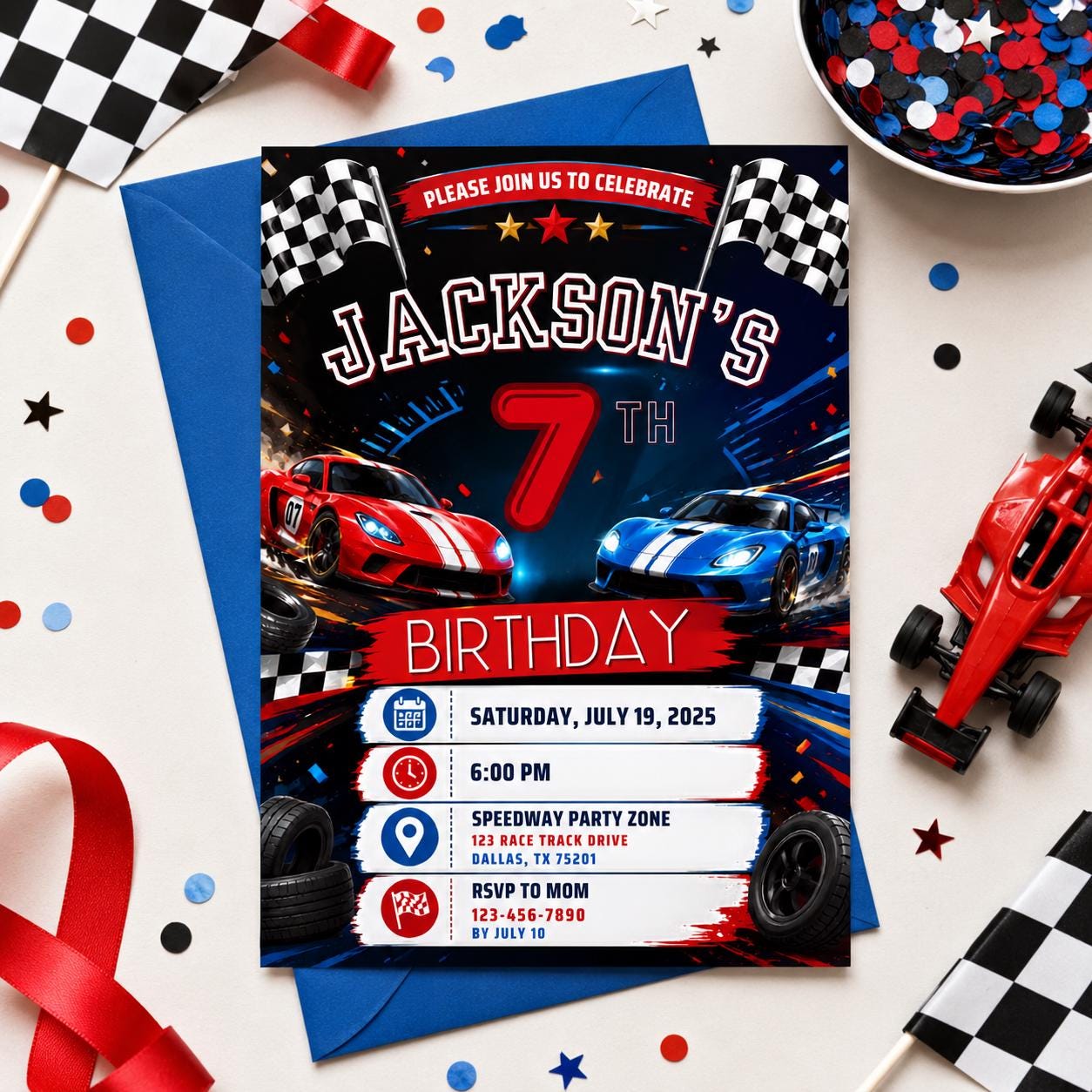 Editable Race Car Birthday Invitation Canva Template, Boys Kids Cute Fun DIY Sweet Chic Teen Tween Party Invite, Printable Digital Download.