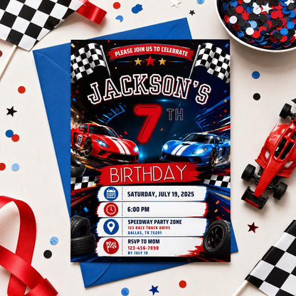 Editable Race Car Birthday Invitation Canva Template, Boys Kids Cute Fun DIY Sweet Chic Teen Tween Party Invite, Printable Digital Download.