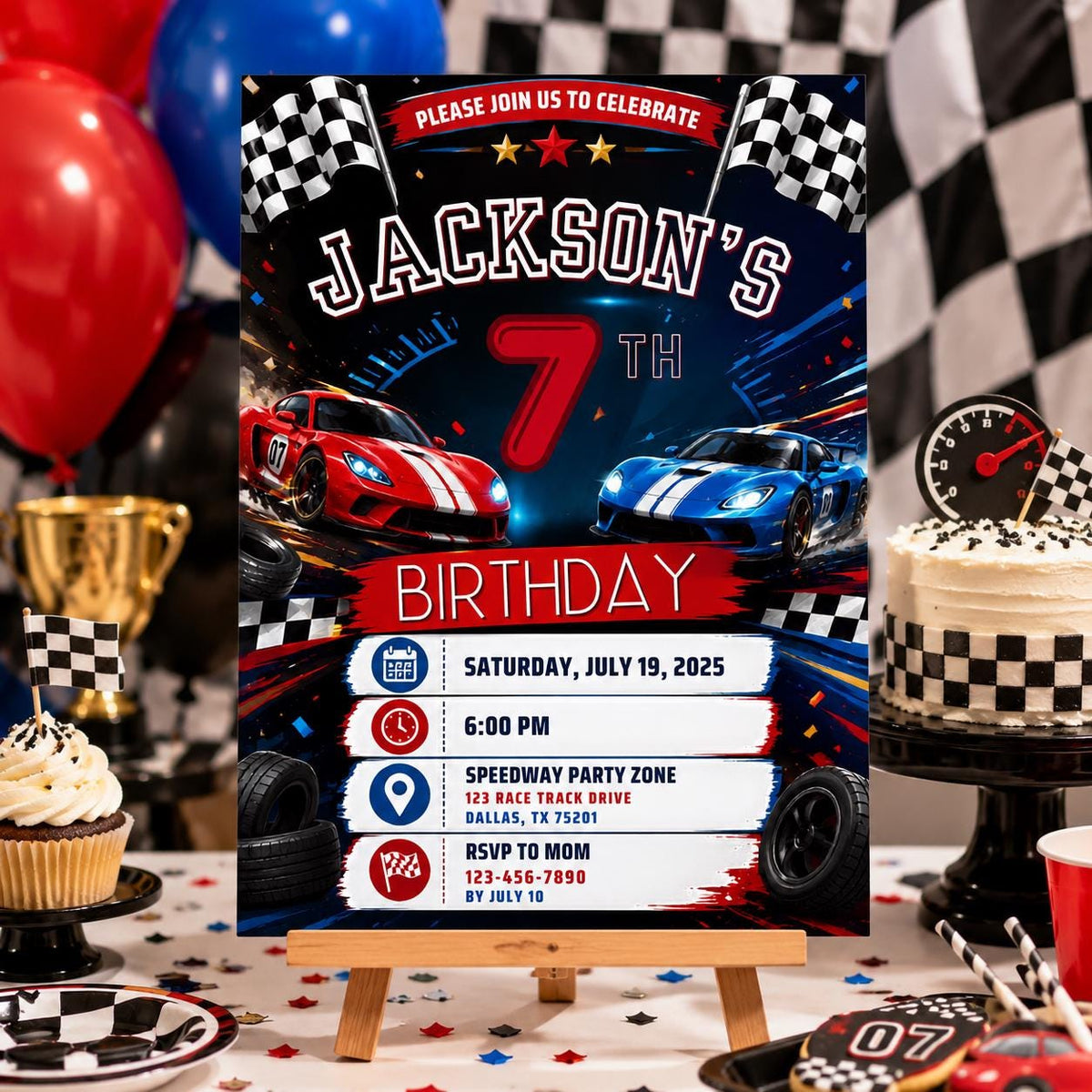 Editable Race Car Birthday Invitation Canva Template, Boys Kids Cute Fun DIY Sweet Chic Teen Tween Party Invite, Printable Digital Download.