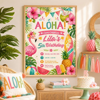 Editable Tropical Birthday Invitation Canva Template, Kids Summer Cute Modern Fun Themed DIY Sweet Party Invite, Printable Digital Download.