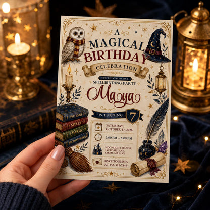 Editable Wizards Witches Birthday Invitation Canva Template, Cute Modern Fun Themed DIY Sweet Chic Party Invite, Printable Digital Download.